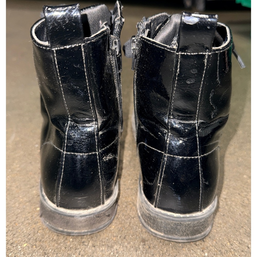 Kids Black Patent Faux Leather Lace Up Combat Boots Side Zip Size 2 - Picture 4 of 6